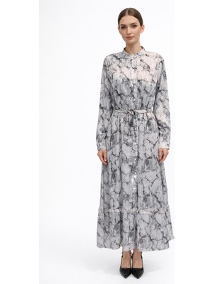 Lale Butik Desenli Saten Elbise 13257 Siyah