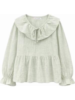 Mixray 4714 Kadın Yakası Volanlı Bol Müslin Bluz Adaçayı