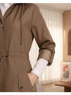 Moda Morfo Astarı Çizgili Trençkot  -Taba