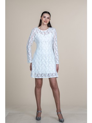 MissVina Tül Dantel Detaylı Uzun Kollu Mini Elbise 50380