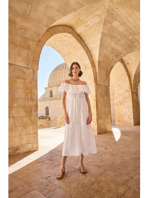 İlkyaz Fashion Ieg™ Pamuklu Kayık Yakalı Elbise