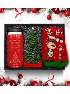 As Gift Yılbaşı Temalı Kişiye Özel Kırmızı Termos & Çam Ağacı Mum & Çorap Hediye Seti