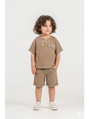 Bontino Unisex Çocuk %100 Pamuk Bağcıklı Tişört&Çocuk Şortlu Müslin Takım – Şapka Hediyeli