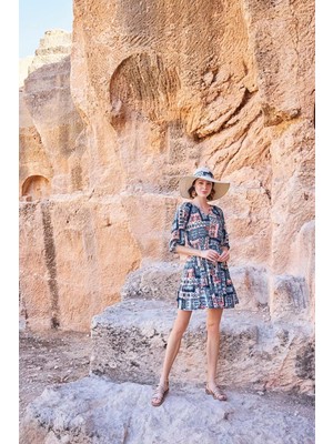 Giyim Etnik Desenli Truvakar Kollu V Yaka Elbise Beruflic