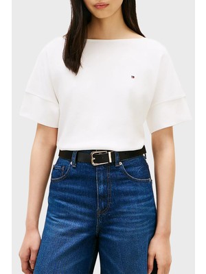 Tommy Hilfiger % 100 Pamuk Relaxed Fit Kayık Yaka T Shirt Bayan T Shirt WW0WW49723 Ybl
