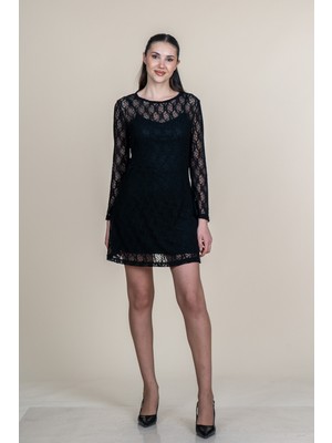 MissVina Tül Dantel Detaylı Uzun Kollu Mini Elbise 50380