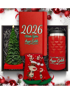 As Gift Yılbaşı Temalı Kişiye Özel Kırmızı Termos &çam Ağacı Mum & Defter & Çorap Hediye Seti