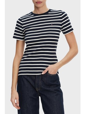 Tommy Hilfiger Çizgili Pamuklu Slim Fit Bisiklet Yaka T Shirt Bayan T Shirt WW0WW40587 0x4