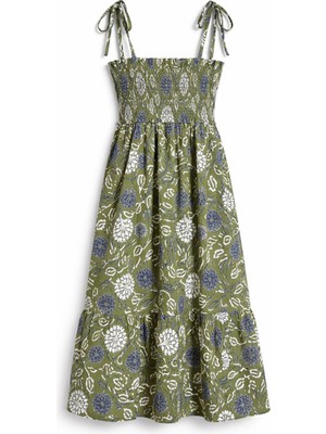 Mixray 4335 Kadın Etnik Desenli Gipe Detaylı Askılı Elbise Haki