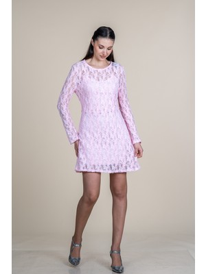 MissVina Tül Dantel Detaylı Uzun Kollu Mini Elbise 50380