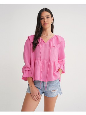Mixray 4714 Kadın Yakası Volanlı Bol Müslin Bluz Pembe