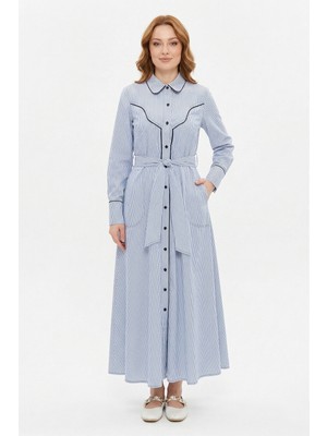 Lale Butik Biye Detay Çizgili Elbise 13270 Lacivert