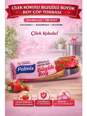 Popüler Sepet Polmix Çilek Kokulu Büzgülü Büyük Boy Çöp Torbası 65X70 cm 10'lu 1 Paket Dayanıklı Sızdırmaz Çöp Poşeti