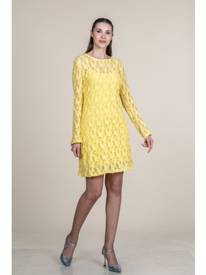 MissVina Tül Dantel Detaylı Uzun Kollu Mini Elbise 50380