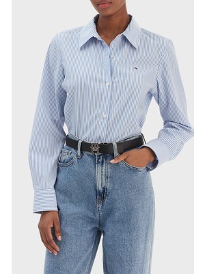 Tommy Hilfiger Çizgili Pamuklu Regular Fit Uzun Kollu Gömlek Bayan Gömlek WW0WW47169 0bc