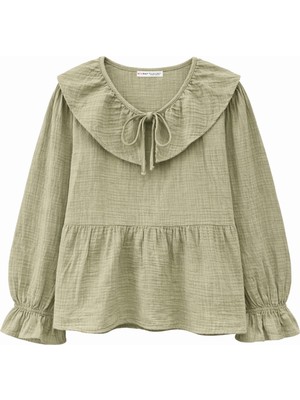 Mixray 4714 Kadın Yakası Volanlı Bol Müslin Bluz Çağla