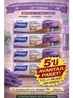 Popüler Sepet Polmix Lavanta Kokulu Büzgülü Çöp Torbası Büyük Boy 65X70 cm 10'lu 5 Paket Dayanıklı Sızdırmaz Çöp Poşeti