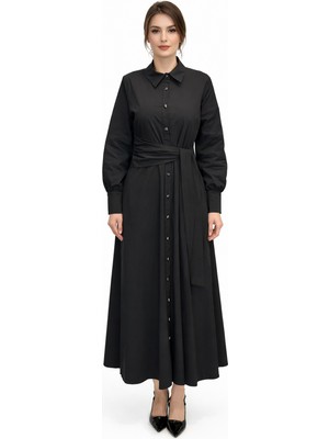 Lale Butik Bağlama Detay Poplin Elbise 13254 Siyah