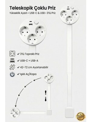 4Berry Teleskopik Çoklu Priz 3’lü Topraklı + Usb-C & Usb-A, Yükseklik Ayarlı, Işıklı Anahtarlı Uzatma Prizi