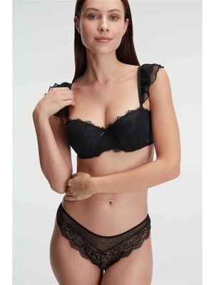 Pileli Store Balenli Destekli Dolgulu Askı Detaylı Puantiyeli Dantelli Sütyen ve Slip Takım