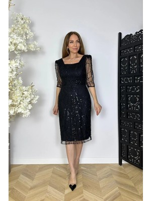 G1775 Kare Yaka Boncuk Işlemeli Abiye Elbise Siyah