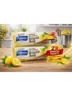 Popüler Sepet Polmix Limon Kokulu Büzgülü Büyük Boy Çöp Torbası 65X70 cm 10'lu 2 Paket Dayanıklı Sızdırmaz Çöp Poşeti