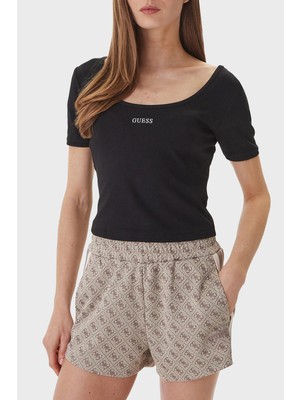 Guess Circe Slim Fit Logo Işlemeli Derin Yuvarlak Yaka Top V6GP04K2969 Bayan Top V6GP04 K2969 Jblk