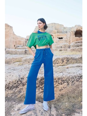 Pileli Store Kısa Kollu "never Give Up" 3'lü Crop Eşofman Takımı