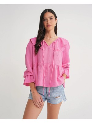 Mixray 4714 Kadın Yakası Volanlı Bol Müslin Bluz Pembe