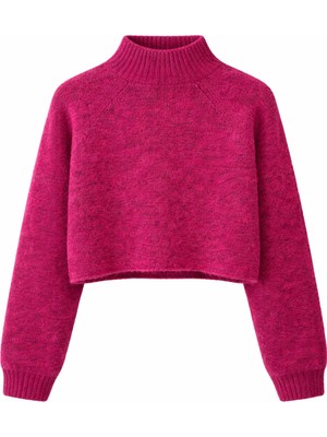 Mixray 6854 Kadın Dik Yaka Bütün Crop Triko Kazak Mor