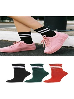 Ozzy Socks 3 Çift Çizgili Kolej Çorabı Siyah Yeşil Kırmızı Pamuklu Çorap Seti