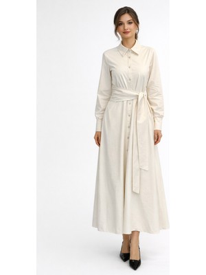 Lale Butik Bağlama Detay Poplin Elbise 13254 Bej