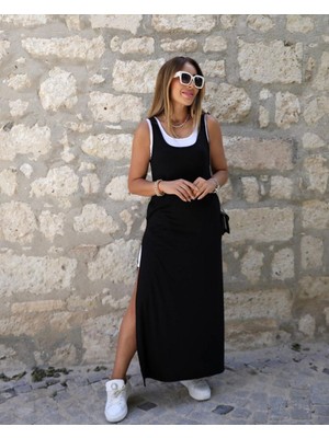 Stelol Kadın Askılı Yuvarlak Yakalı Cepli Yırtmaç Detaylı Viskon Elbise ve Atlet Ikili Takım