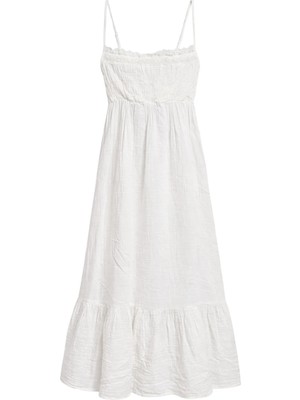 Mixray 4741 Kadın Büzgülü Fistolu Askılı Uzun Elbise Beyaz