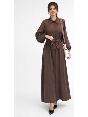 Lale Butik Düğmeli Modal Elbise 13249 Kahverengi