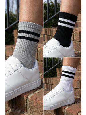 Lykos Unisex 3'lü Paket %90 Pamuklu Çizgili Kolej Çorap Seti - Siyah - Beyaz - Gri