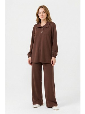 Lale Butik Yaka Detay Örme Modal Takım 19464 Kahverengi