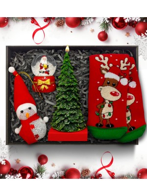 As Gift Yılbaşına Özel  Çam Ağacı Mum & Kar Küresi & Kardan Adam & Yılbaşı Çorabı Hediye Seti