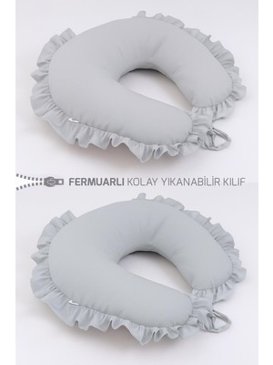 Jaju Baby Gri Fırfırlı Emzirme Yastığı Ergonomik Tasarım Yıkanabilir Kılıf Boncuk Elyaf Dolgu