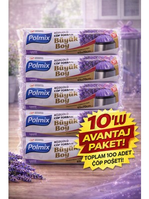 Popüler Sepet Polmix Lavanta Kokulu Büzgülü Çöp Torbası Büyük Boy 65X70 cm 10'lu 10 Paket Dayanıklı Sızdırmaz Çöp Poşeti