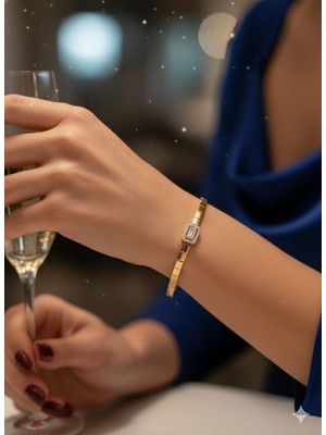 Livaz Accessories Çelik 14 K Gold Ortası Baget Taşlı Bileklik
