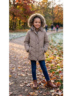 HaanBebe Kız Çocuk Bej Kapüşonlu Kürklü Şişme Mont - Kışlık Kaban