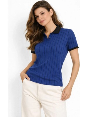 Kadın Polo Yaka Çizgili Tişört Kısa Kol Düğmeli Yazlık T-Shirt - Saks Mavisi