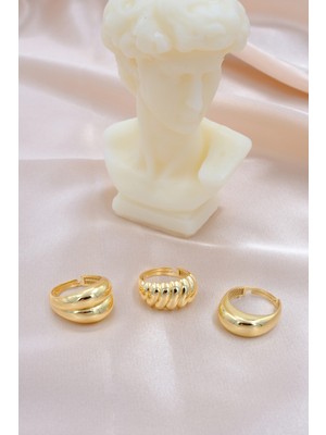 Aurrari 3 Lü Altın Kaplama Bombeli Yüzük Seti 14 Ayar Kadınlar İçin Ayarlanabilir Ölçülü
