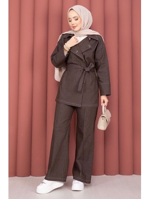 Md Kruvaze Yaka Gold Düğmeli İkili Kot Takım Kahve