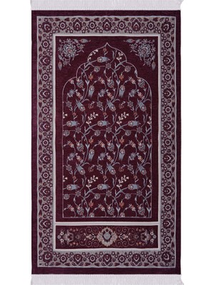 Bursa İpek Mürdüm Çini Lale Desen Özel Dokuma Seccade