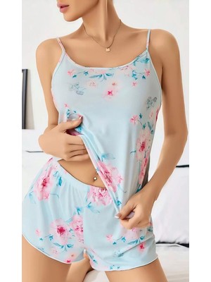 Beruflic Kadın Bebek Mavisi Çiçek Desenli Askılı Şortlu Pijama Takım 5011