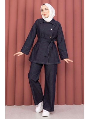 Md Kruvaze Yaka Gold Düğmeli İkili Kot Takım Lacivert