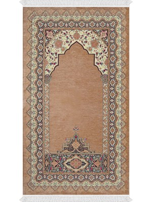 Bursa İpek Bej Rumi Desen Kabartmalı Özel Dokuma Seccade