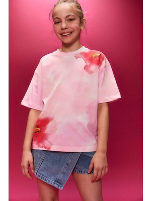 DeFacto %100 Pamuk Oversize Çiçekli Tişört Kız Çocuk H0961A826SM